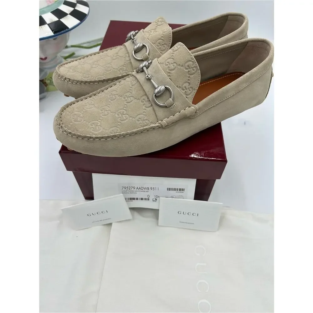 Men's Gucci suede oatmeal horse bit driver loafers size 10.5 fits 11 US